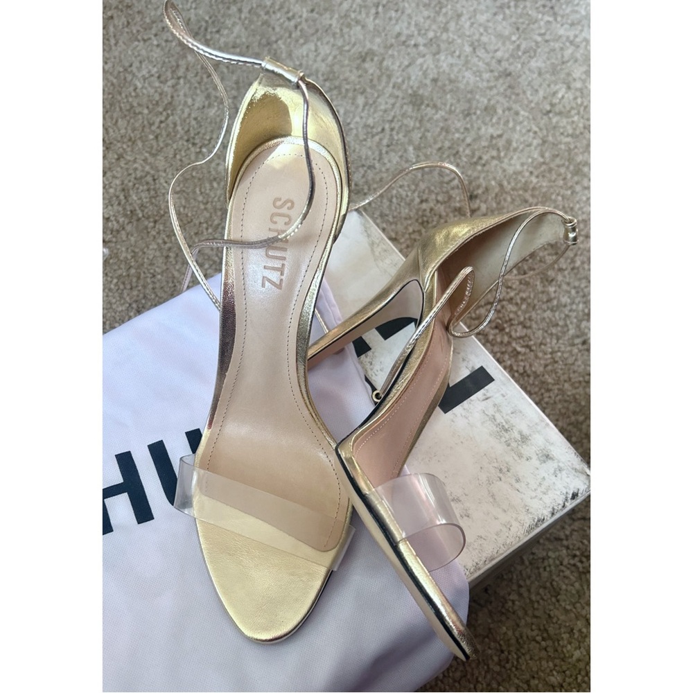 SCHUTZ Josseana Gold Ankle Tie Strap Heels